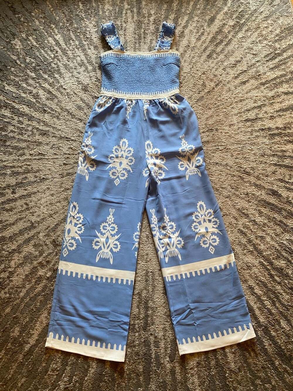 PrettyGarden Women's Summer Boho Jumpsuit One Piece Blue Floral Smocked Top Wide